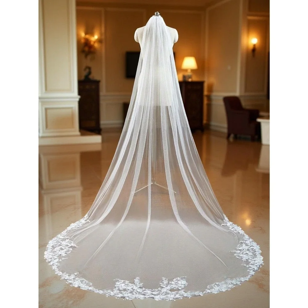 New 118 in Extra Long Bridal Veil Wedding Lace Trim Floral Cathedral True White